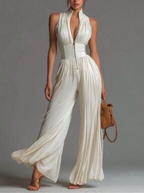 Milky Elegant Women's Palazzo
Jumpsuit High Neck Pleated Wide
Leg